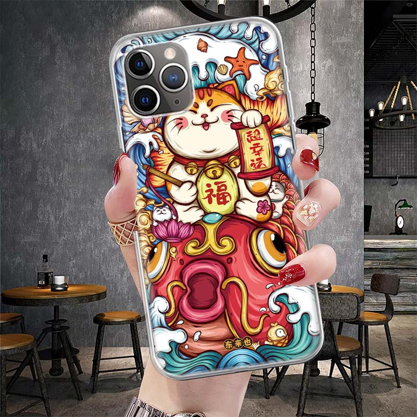 Lucky Cat Maneki Neko Japanese Soft Phone Case For IPhone 11 17 Air 16E 16 Pro Max 15 + 14 Plus 13 Mini 12 Apple 7 SE 8 Fundas C