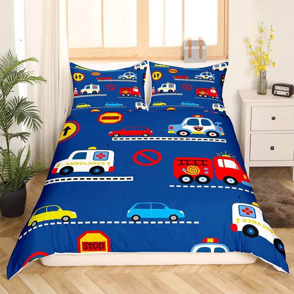 Ambulance Car King Queen Duvet Cover White Cartoon Medical Car Bedding Set For Kid Hospital Rescue Vehicle Polyester Quilt Cover