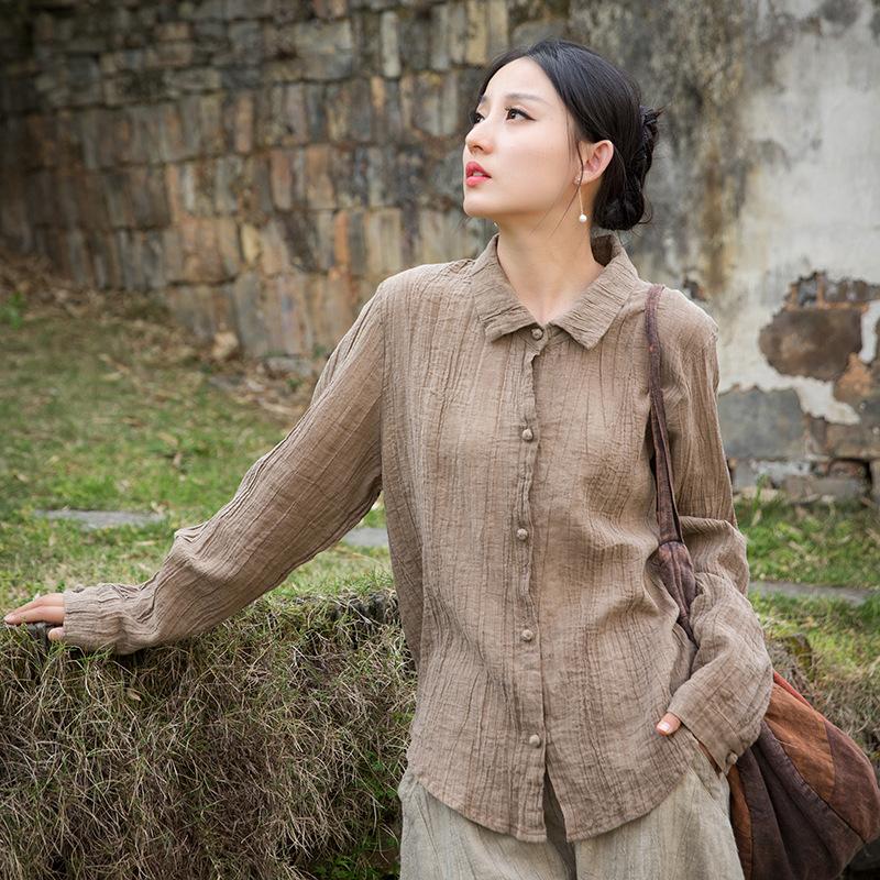 

Johnature Women Vintage Tie-dye Shirts Tops Turn-down Collar Long Sleeve Button Spring Chinese Style Blouses One Size