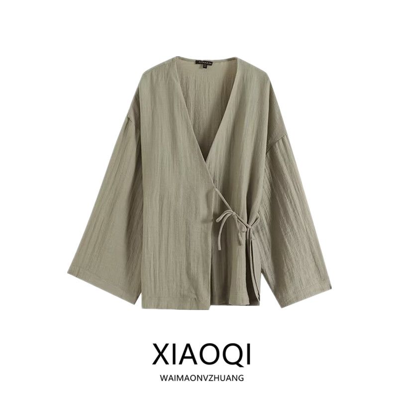 Fashion Style 2024 Summer New Arrival Women's Clothing Easiest for Match New Chinese Green Style Fresh Shoelace V-neck Long Sleeve Shirt