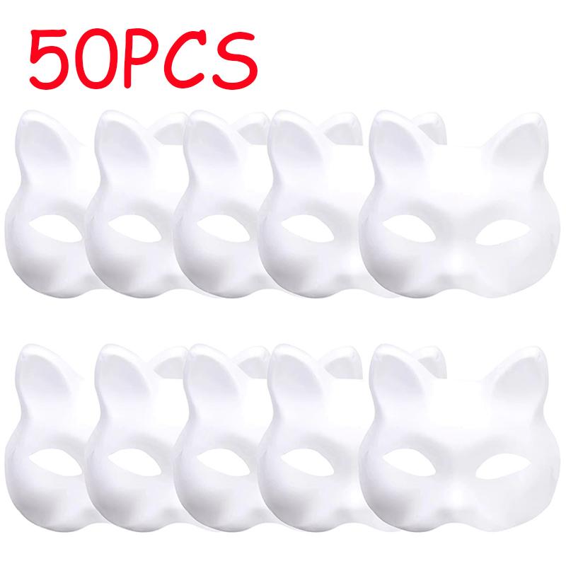 10/20/30/50/100PCS White Mask Halloween Cosplay Cat Masks DIY Paintable Half Face Mask Animal Costume Party Decorate Craft Prop