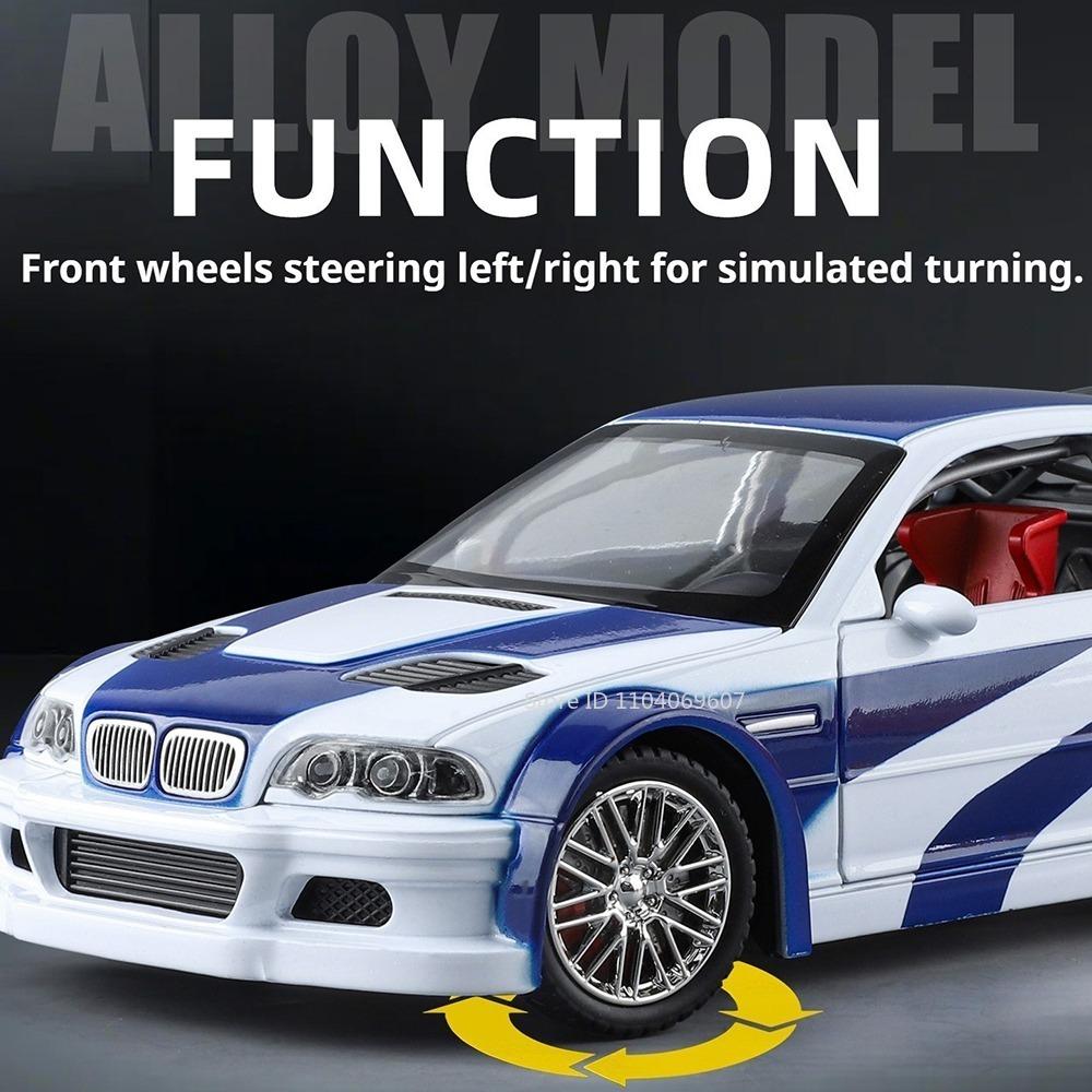 1:24 M3 GTR E46 Model Racing Car Toys Alloy Diecast Sound Light Doors Opened Shock Absorption Pull Back Simulation Supercars