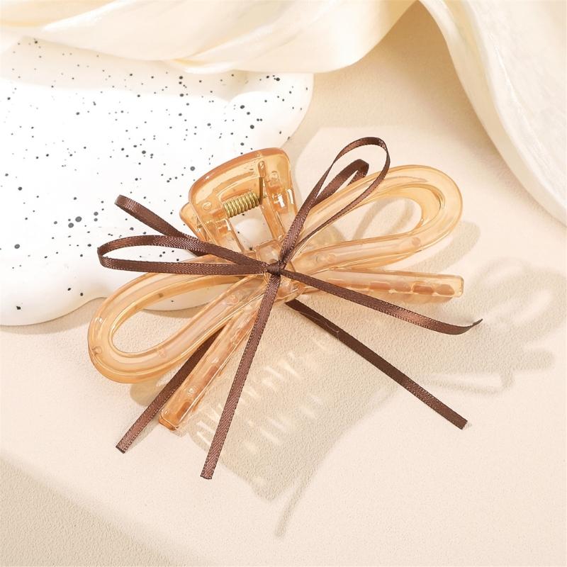 Lightweight Ergonomic Hair Claw Clip With Ribbon Bows Practical Acrylic Hairpin Hair Ornament For Office School Styling