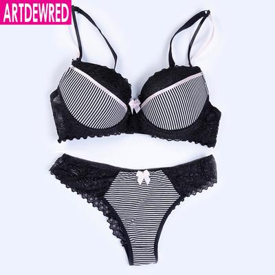 Sexy rayure dentelle Push Up femmes ensemble de soutien-gorge BC Bow soutien-gorge bref ensembles respirant sous-vêtements en coton culotte ensemble