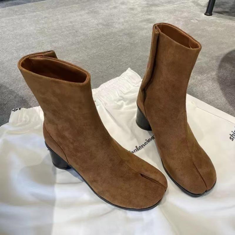 Cowhide version~ thick heel medium tube Martin boots women's niche leather split-toed women's shoes slim Chelsea women's short boots