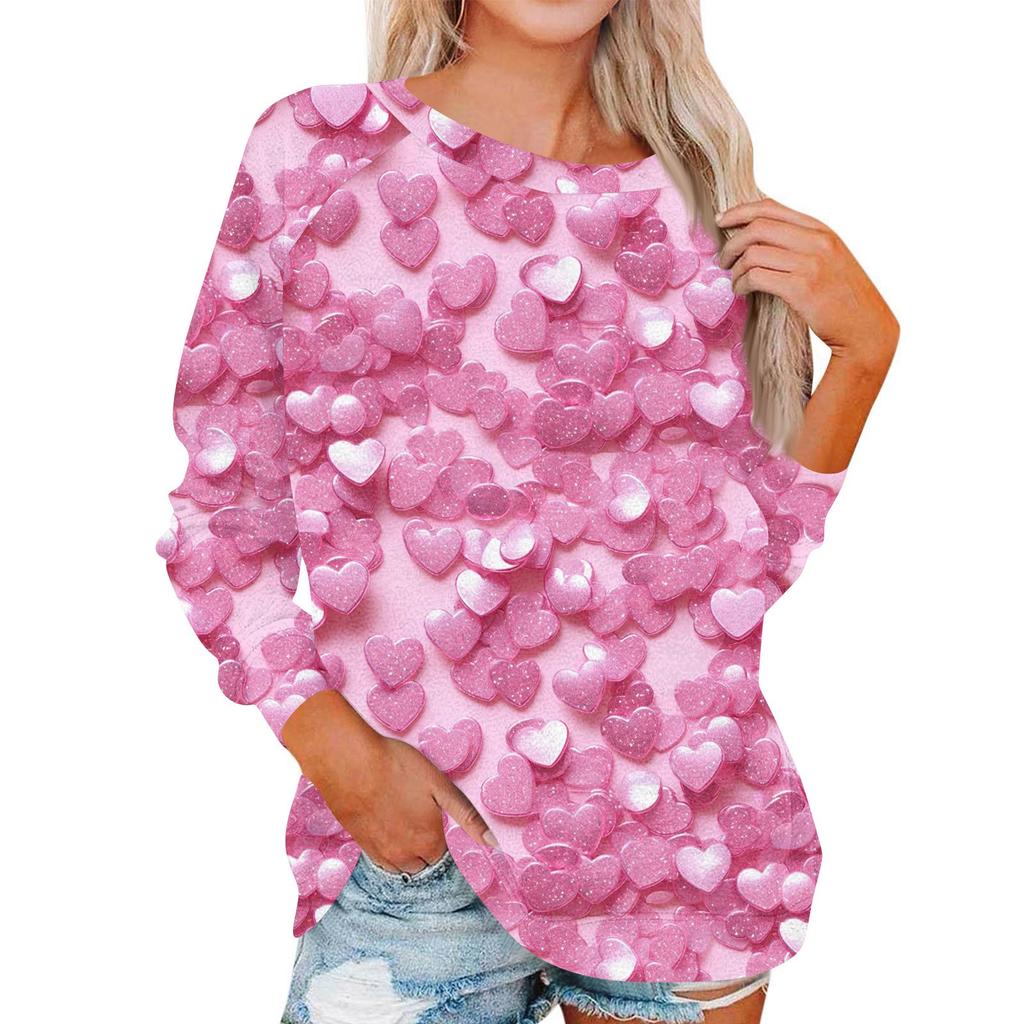 Damen Modisches Rundhals Schulter Langarm Valentinstag Bedrucktes Lässiges Pullover-Oberteil