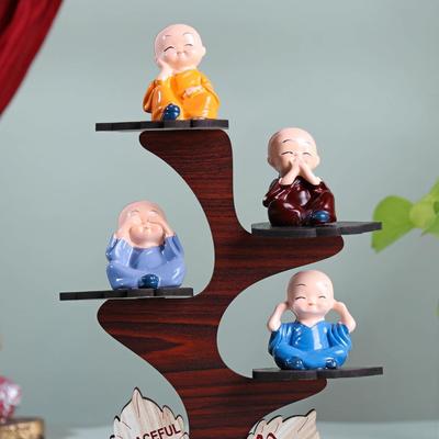 Set of 4 New  Adorable Buddha Monk Figurines With Wooden Stand For Peaceful Home Decor & Office Decor, Special Gifting, Ideal for  Meditation Spaces,