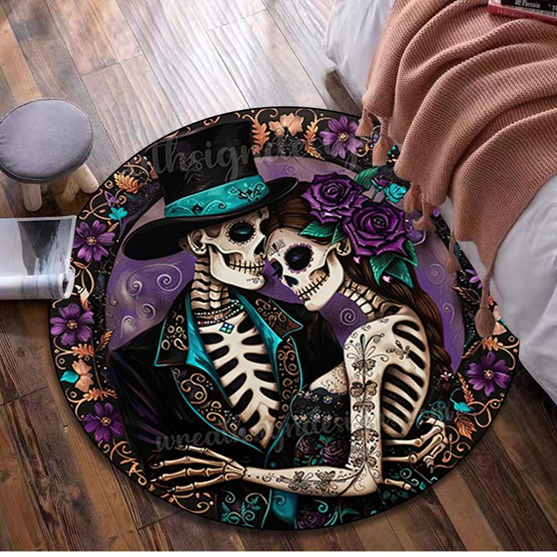 1Pc Day of the Dead Skull Circular Print Rug - Home Decoration Carpet For Living Room Bedroom Flooring Computer Chair Area Rug