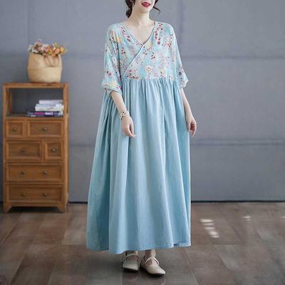 Summer V-neck Patchwork Dress Plus-size Long Dress