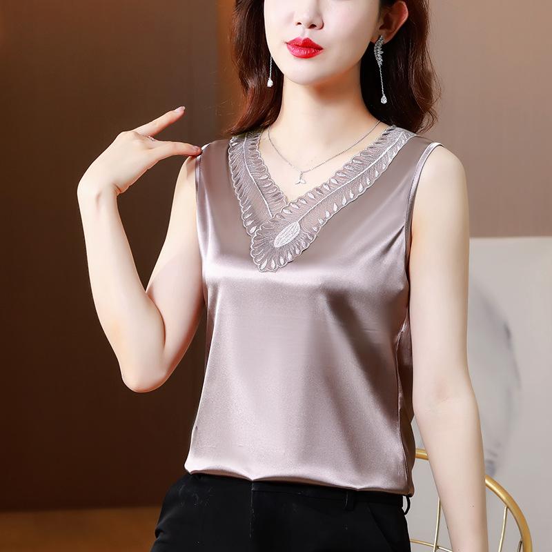 

Модный кружевной жилет-камисоль для женщин летом, атласная майка с V-образным вырезом для верхней одежды, костюм для топа без рукавов маленького размера 2XL