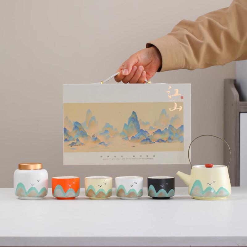 Nordic Stone Tea Set with 'A Thousand Li of Rivers and Mountains' Design
