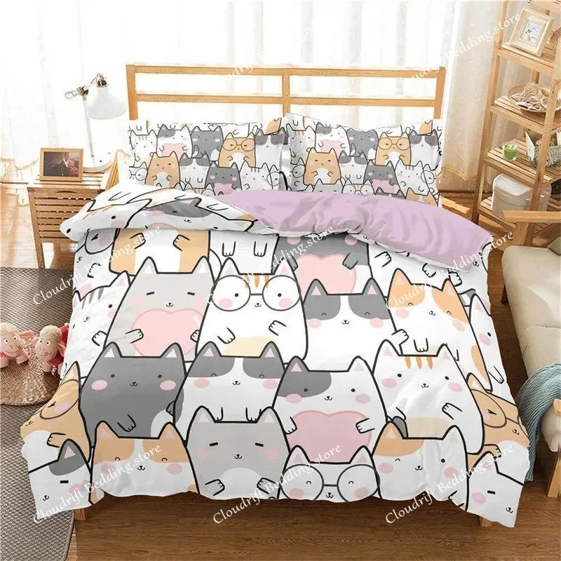 Kawaii Katt Dynetrekk Tegneserie Sengetøysett Mikrofiber Søt 3D Dyr Dundyne Trekk Twin Full King For Barn Gutt Jente Tenåringsrom