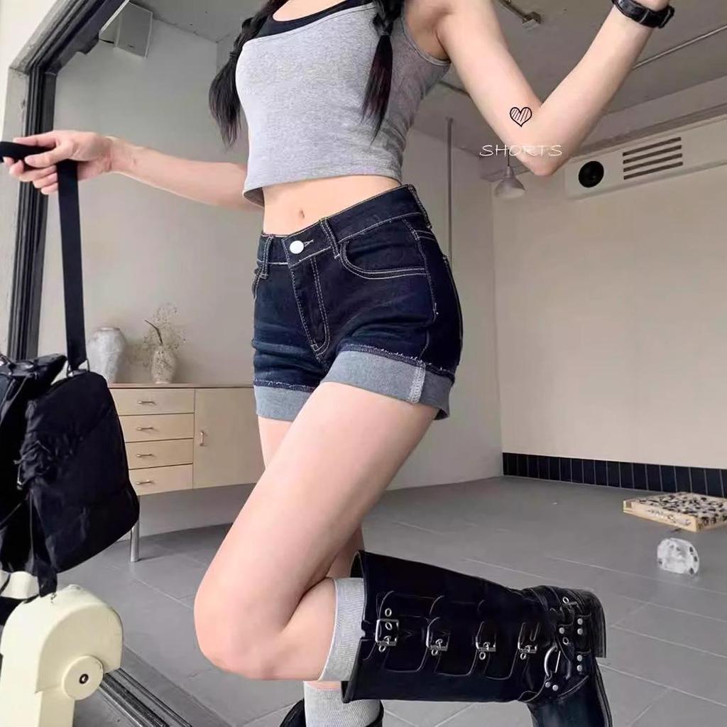 Women's High-Waist Dark Blue Denim Shorts - Sexy, Hip-Hugging A-Line with Rolled Edges for Summer