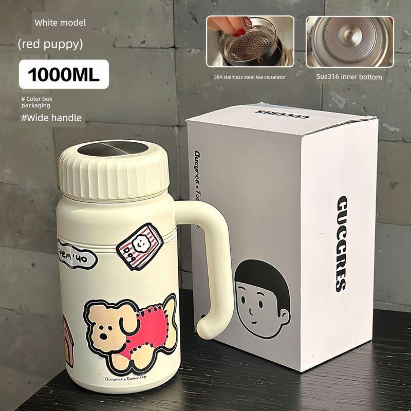 

Japanese 1000ml Large-Capacity Thermos Cup 316 Stainless Steel Student Water Bottle High-Value Portable Cup with Handle 1L Ice White + Cute Dog Sticker, Free Tea Infuser