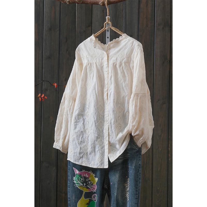 

Autumn Lace Collar Cotton Linen Embroidered Two-sided Slimming Long Sleeve Shirt L абрикосовый