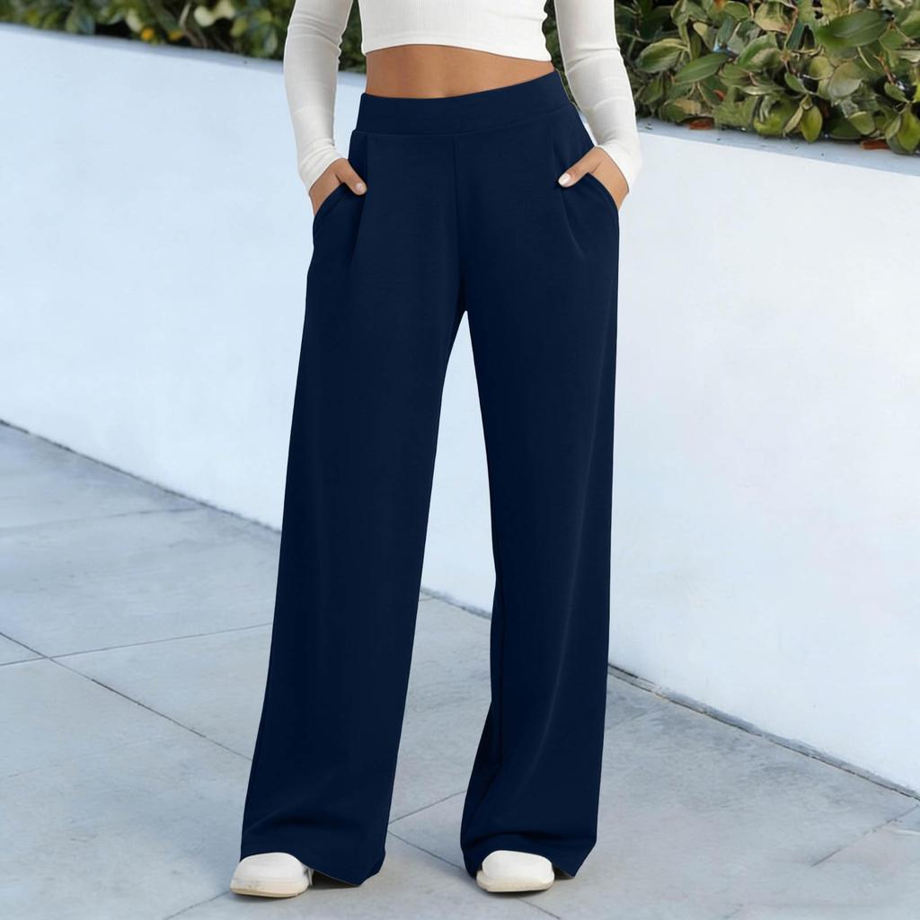 Women's Color Wide Leg Pants with Pockets - Casual Straight Leg Relaxed Fit Trousers for Everyday Wear
