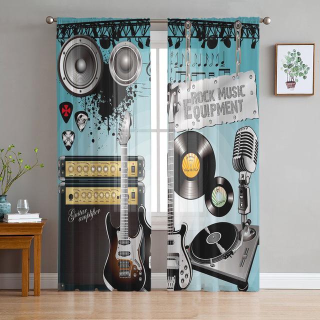 Music Winter Blue Christmas Tulle Curtains For Living Room Decoration Bedroom Sheer Curtains Room Kitchen Window Treatment