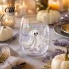 Clear Glassware for Kitchen Halloween Artisan Glassware, Stemless Drinking Glasses with Raised Pumpkin Ghost Black Cat Web Restaurant Grade Glass Cup
