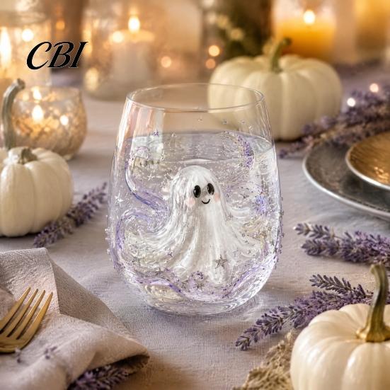 Clear Glassware for Kitchen Halloween Artisan Glassware, Stemless Drinking Glasses with Raised Pumpkin Ghost Black Cat Web Restaurant Grade Glass Cup