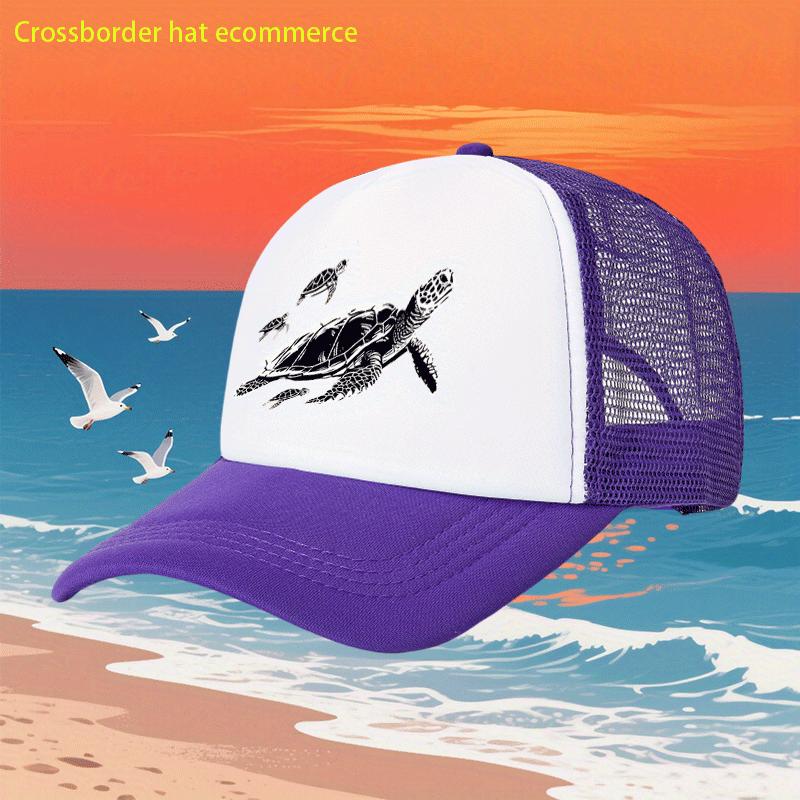 Sea Turtle Print Mesh Trucker Hat Unisex Polyester Breathable Adjustable Casual Beach Cap