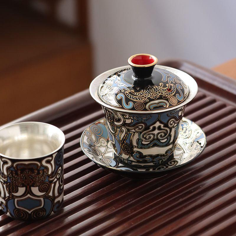 Gold & Silver Inlay Gaiwan Tea Set: Chinese Taotie Teapot with Gilded Teacup & Infuser