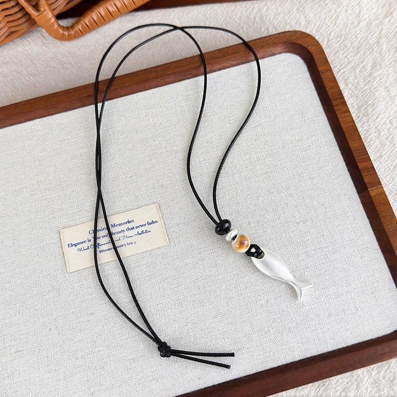 2026 Trendy Metal Fish Pendant Long Chain Leather Cord Necklace For Women Men Summer Fashion Personalized Charm Neck Jewelry
