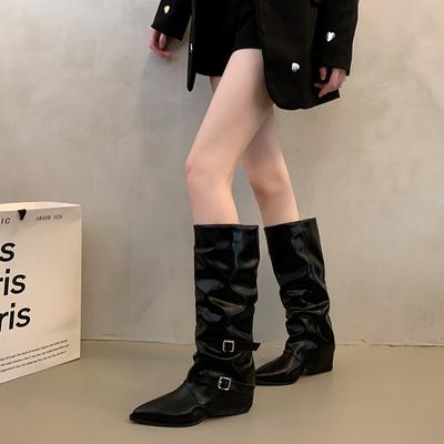Gürtelschnalle~ Hose Stiefel Stiefel mit dickem Absatz Lange Stiefel Weiblich Spice Girl Hohe Stiefel Spitz Schwarz Hosenstiefel Fried Street