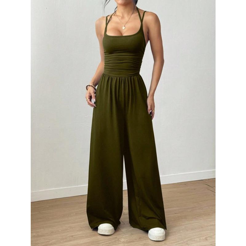 Solid Color Halter Sleeveless High Waist Wide Leg Casual Jumpsuit