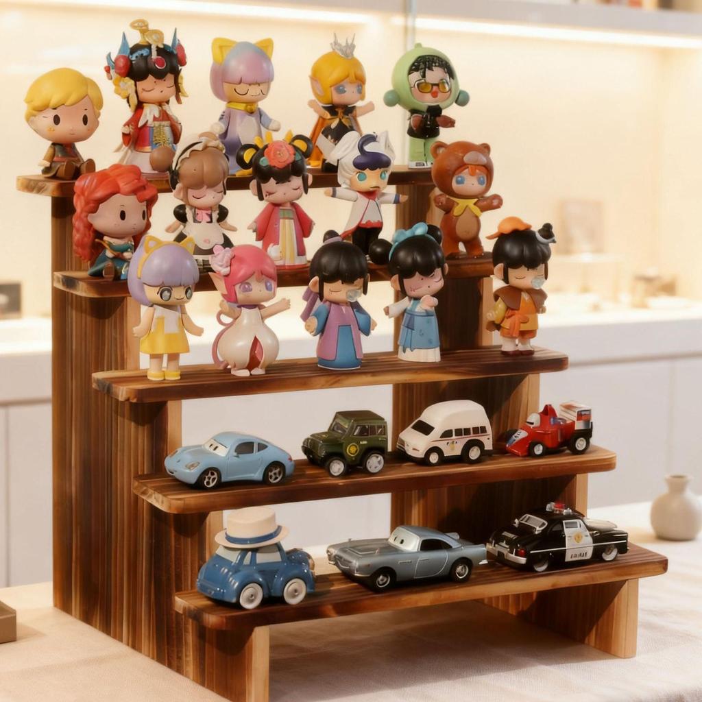 Massivholz-Tischdisplay-Regal für Puppen und Figuren - Mehrstufig, schraubenloses Stecksystem