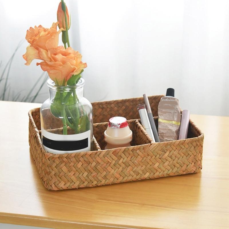 Straw Woven Organized Basket Breathable Compartments For Living Room Office Storage