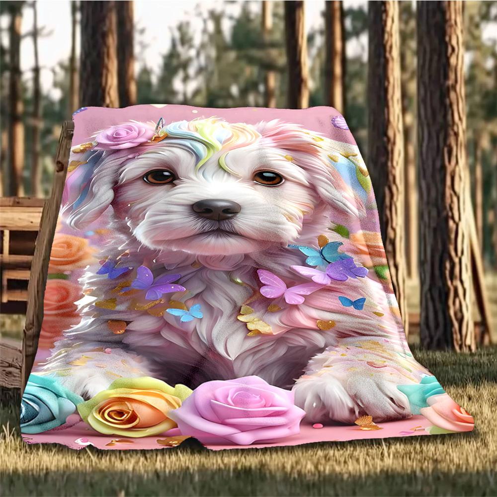1pc Floral Dog Throw Blanket Polyester Fiber, Lightweight Flannel, Soft & Warm, All Season Use for Outdoor, Camping