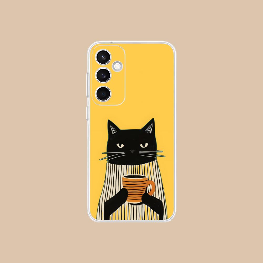 Cute Coffee Cat Clear Mobile Phone Case for Samsung Galaxy S25 S24 S23 S22 S21Plus FE Ultra Colorful Cover