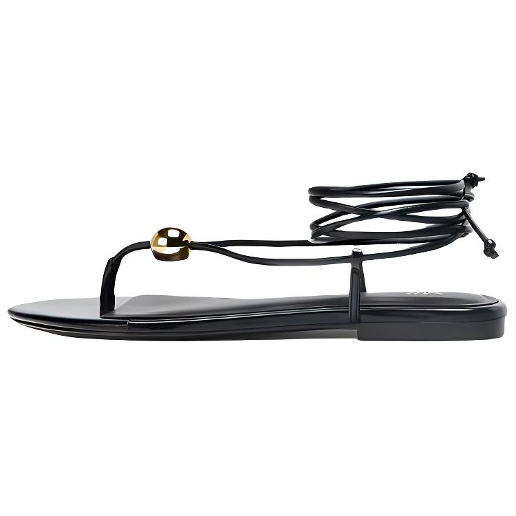 Zara Pu Fashionable Comfortable Metallic Embellished Flat One Strap Sandals 1Cm Women Sandals Black 3614510800