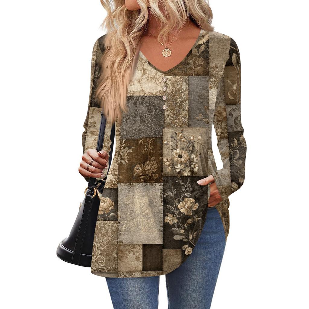 Women's Fashion Casual Long Sleeve Solid Color Shirt Women's V-Neck Tops