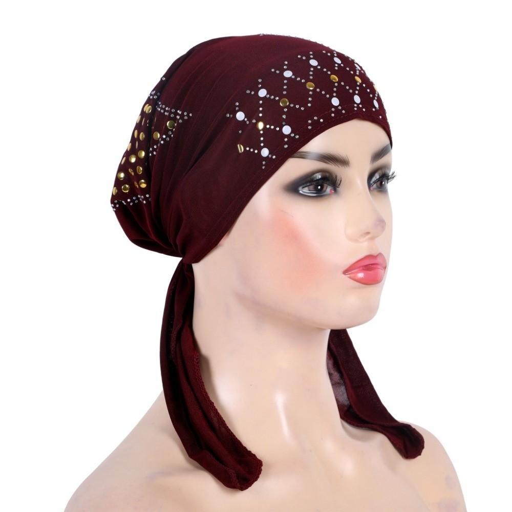 

Fashion Gold Sequins Turban Hijab Cotton Solid Color Pull On Headwrap Breathable Soft Headscarf Hat вино красного