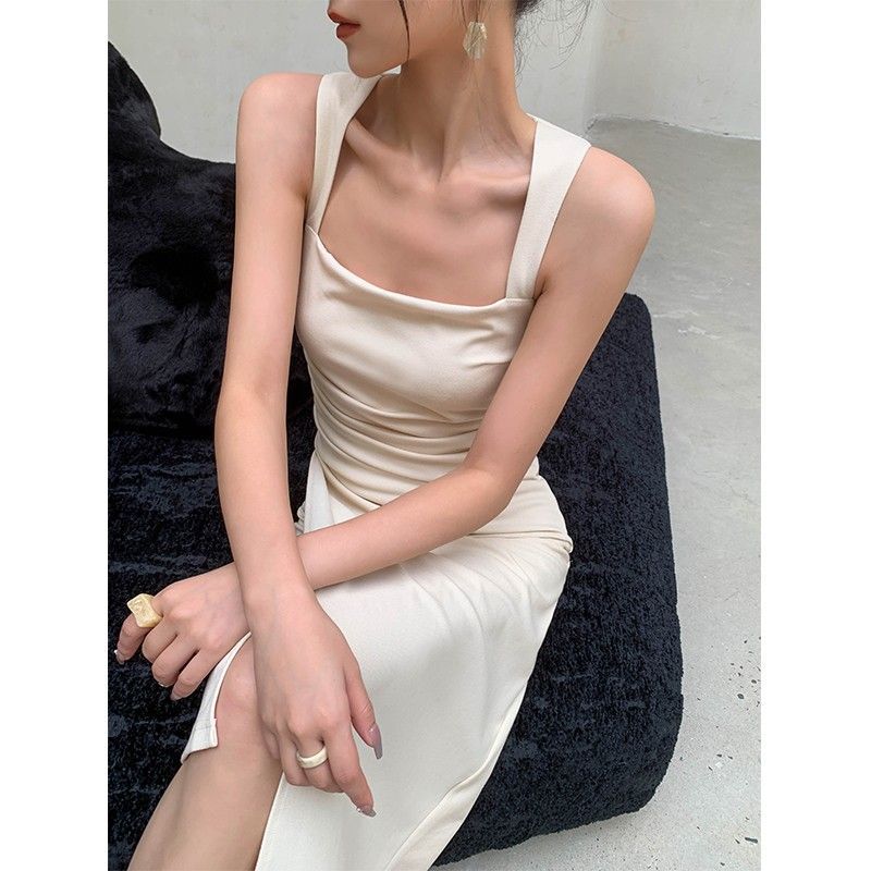 French Temperament Socialite Royal Sister High-end Satin Long Dress Slim-fitting Hip-wrapped Square Neck Suspender Dress Summer New