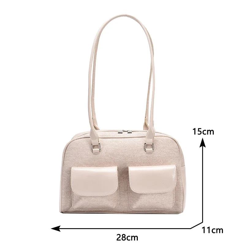 Korean Fashion Womens Shoulder Bag Soft Suede With Pu Leather Bowling Handbag Casual Luxury Vintage 2024 New Boston Tote Bag