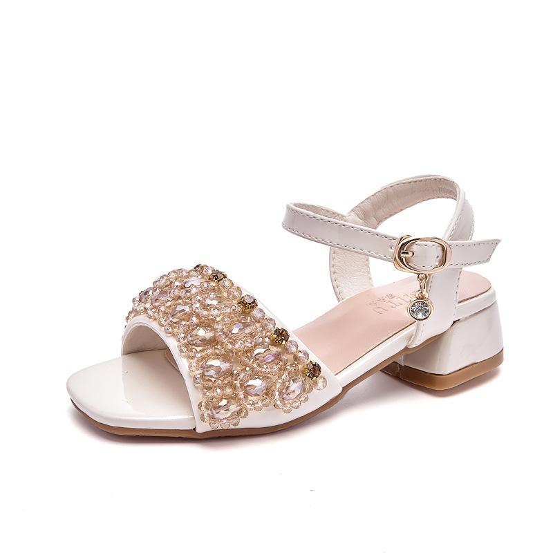 Girls' sandals princess shoes2026New Summer Chunky Heel Beaded Crystal Performance Catwalk Beach Children's High Heels