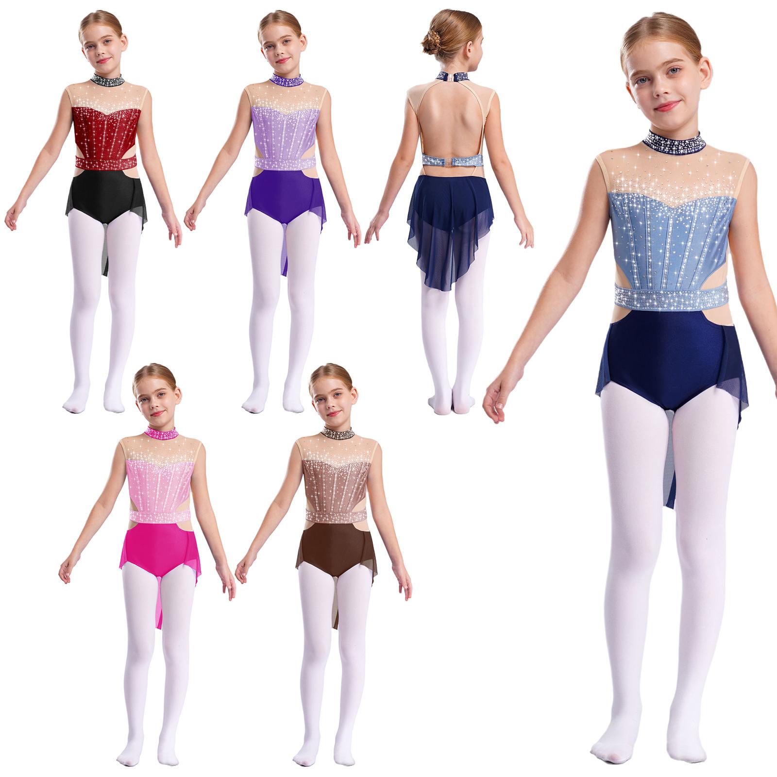 Daenrui Meisjes ballet gymnastiekjurk met strass steentjes, mesh rok, kunstschaatstrui, lyrische dansvoorstelling, kostuum 5-6 Years marineblauwe kleur/blauw