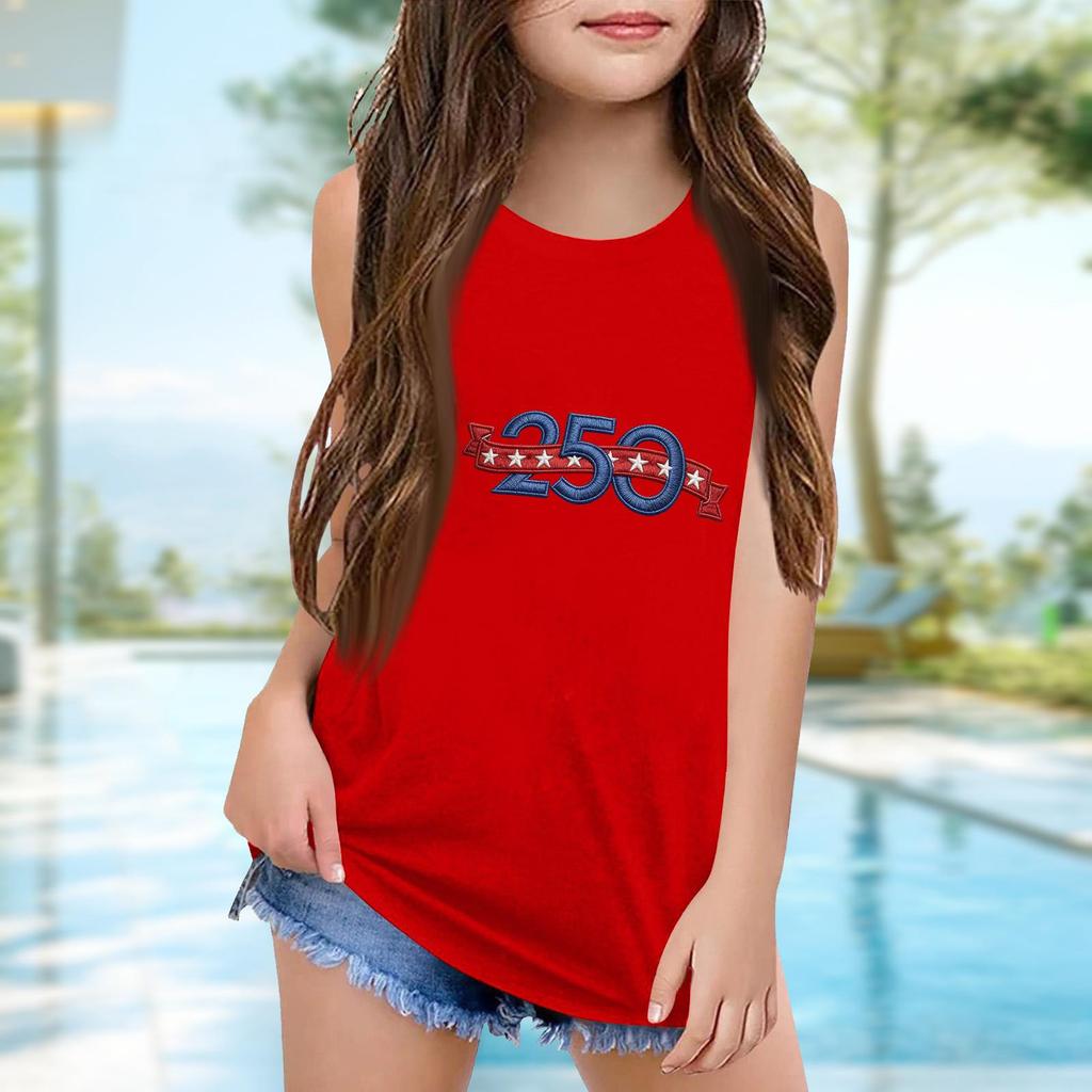 Girls  Kids Summer Crewneck Sleeveless Shirts Tank Tops Independence Day