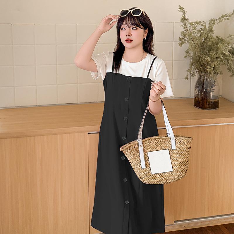 Large size women's clothing summer new temperament commuting fake two-piece women's crew neck meat-covering suspender dress 222095
