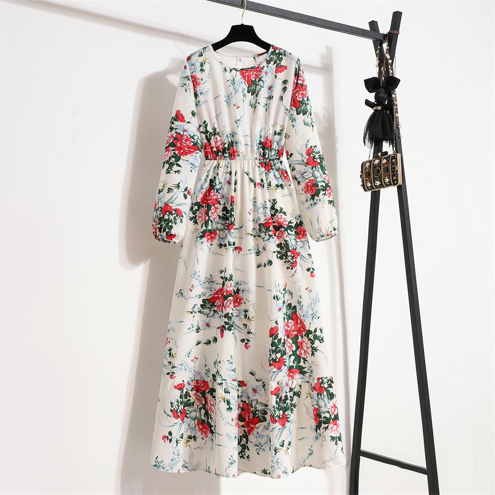 2022 European & American Floral A-Line Dress - Spring, Long Sleeve, Round Neck, Slim Fit