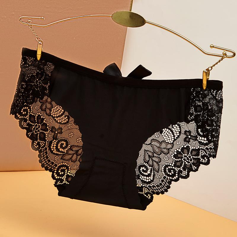 Women's Printed Ice Silk Underwear with No Trace Low Waist Bow Hollow Lace Triangle Pants