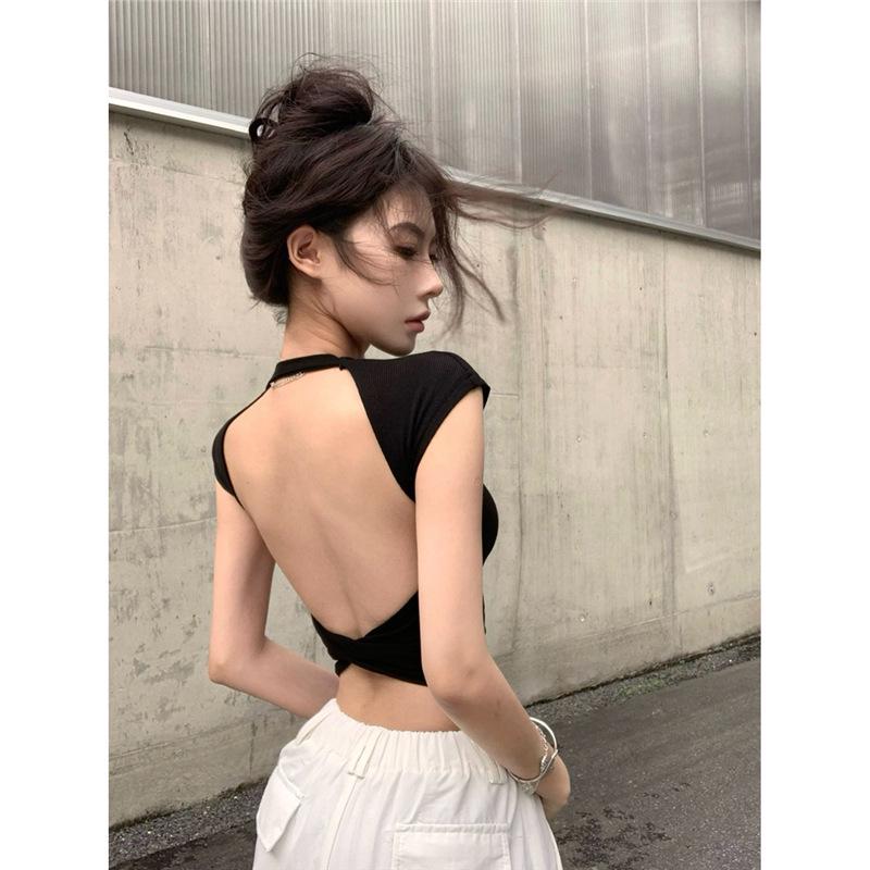 

Женская сексуальная укороченная футболка с открытой спиной и вырезами - Летний сказочный стиль One Size чёрный