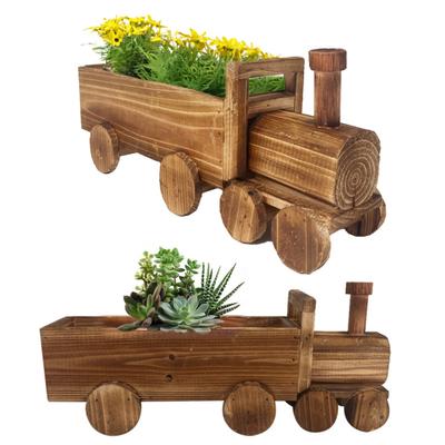 Yousheng Train Flower Pot Wooden Vintage Bonsai Planter Home Garden Decor Rustic Plant Pot with Drainage Hole for Patio Balcony