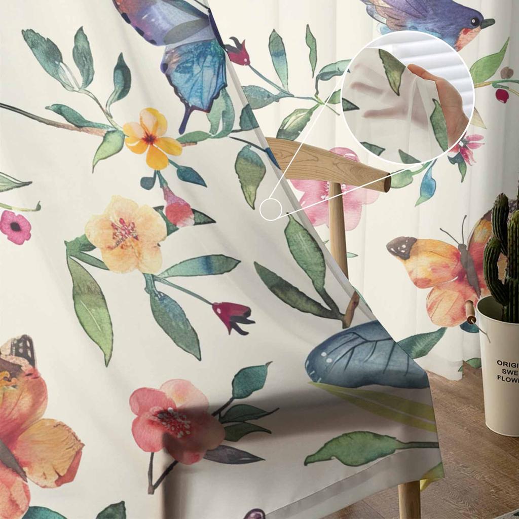 Flowers Birds Watercolors Leaves Sheer Curtains for Kids Bedroom Living Room Voile Window Curtains Tulle Drapes