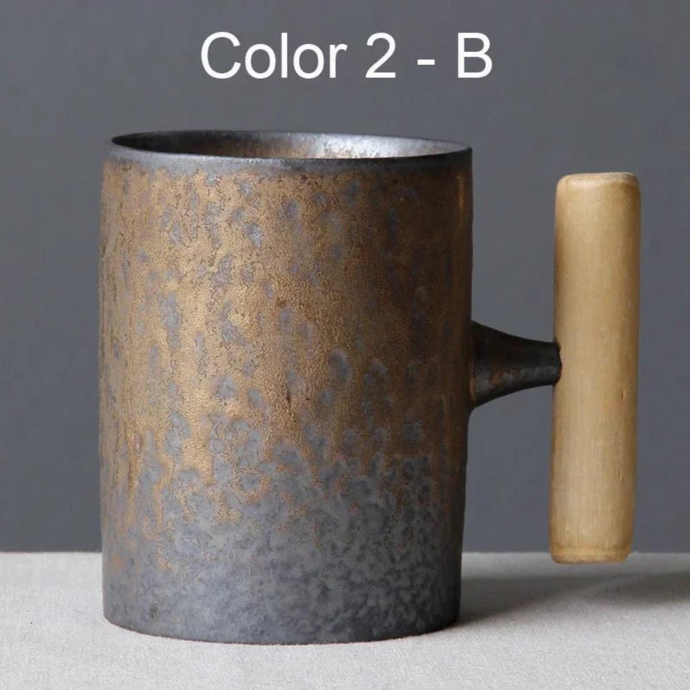 Japanese Vintage Tea Cup Set Ceramic Coffee Mug Rust Glaze Milk Cafe Cup with Wood Handle Water Cup Teacup Home Office Drinkware