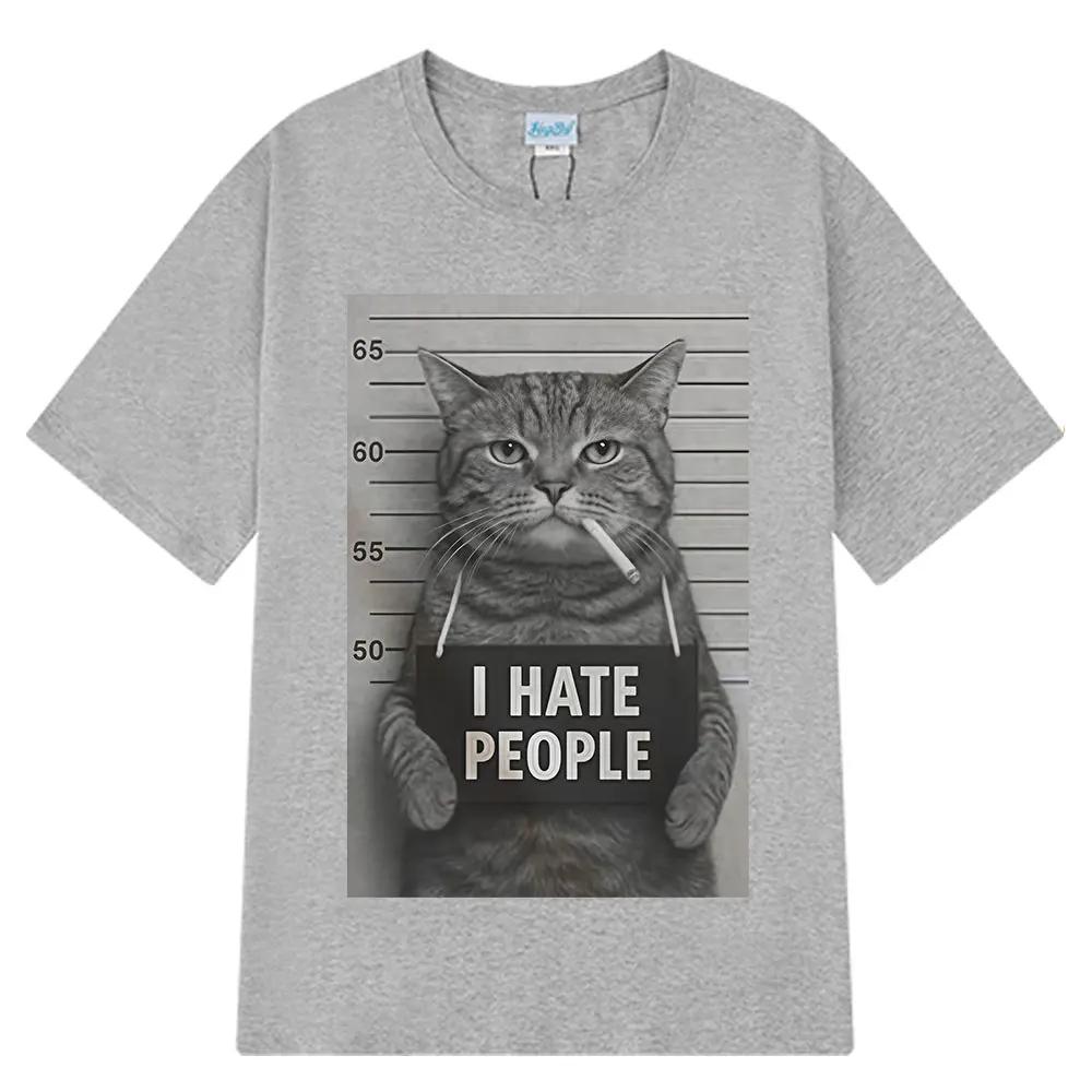 I Hate People Meow Print Tshirt Fun Cat Print T Shirts Loose Street Short Sleeve FemaleMale 100 Cotton Clothing Casual Tshirt