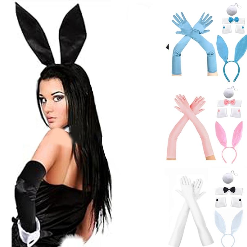 Female Cosplay Plush  Rabbit Ears Headband Tail Bowtie Masked Party Suit Outfit