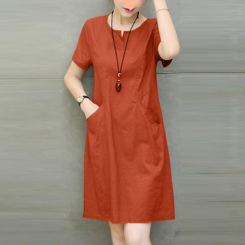 

ZANZEA Женское летнее платье с V-образным вырезом, однотонное, повседневное, с коротким рукавом S оранжевый